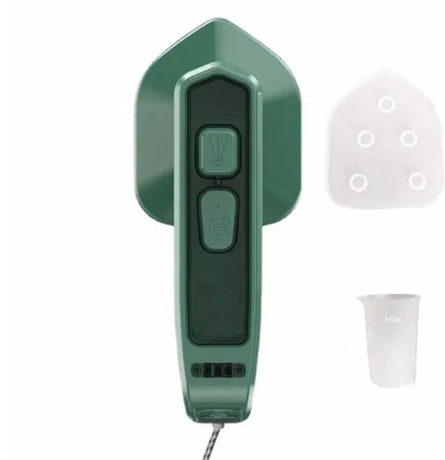 Dark green portable hanging steam iron with ceramic panel and compact design for travel use
