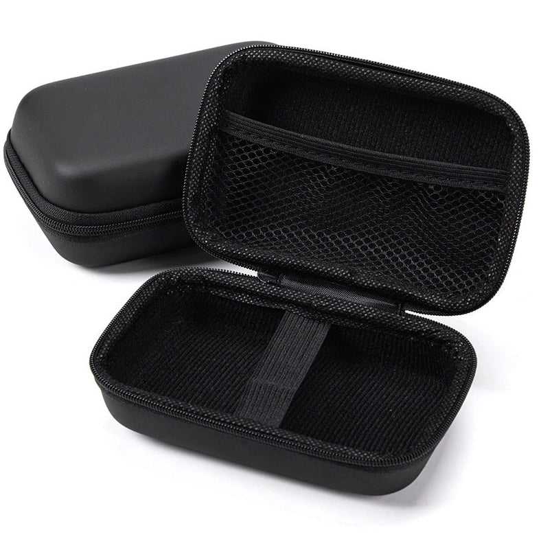 Black composite material storage box measuring 13.5x9x5cm for earphone and cable organisation