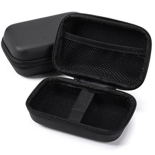 Black composite material storage box measuring 13.5x9x5cm for earphone and cable organisation