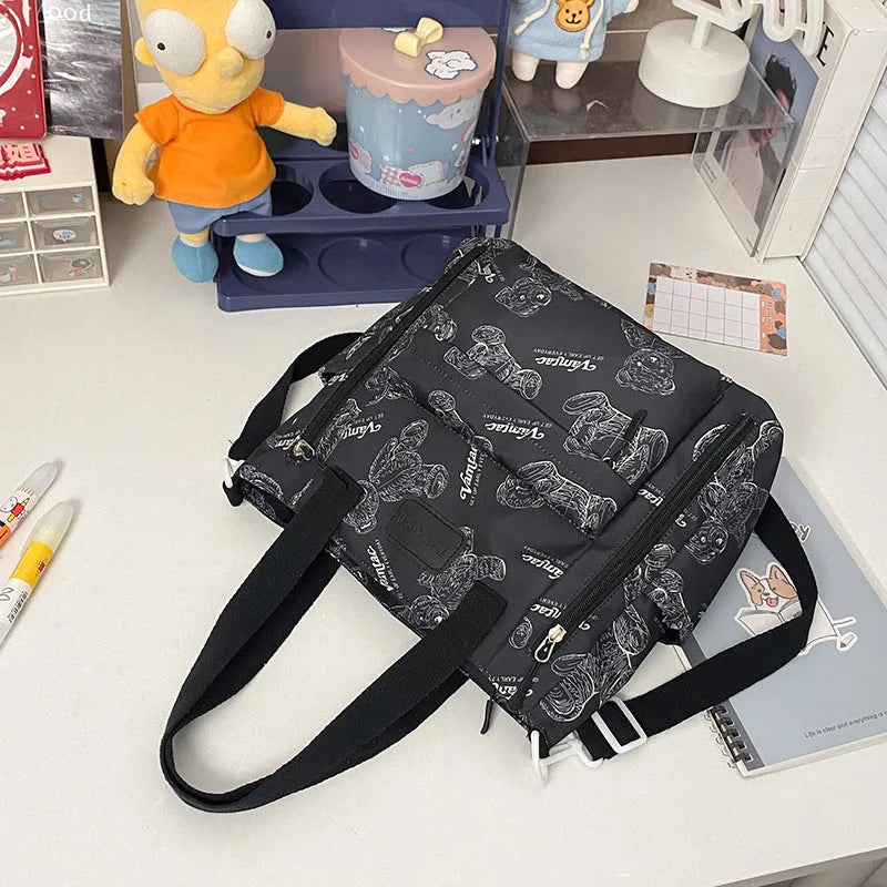 Bear print large capacity multi-pocket nylon tote bag in milky white