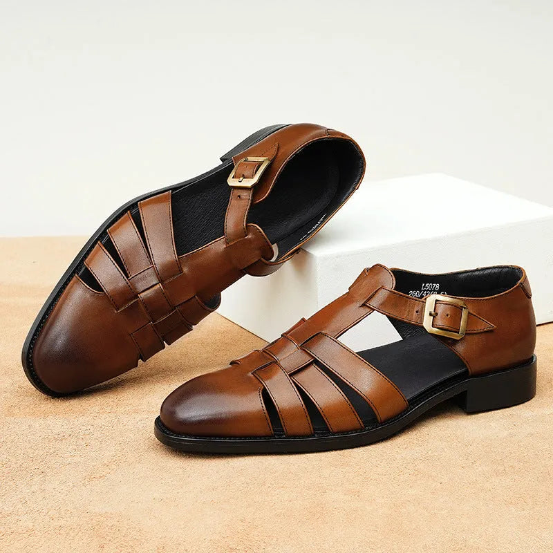 Men's black retro leather sandals with a cowhide upper and visible stitching.