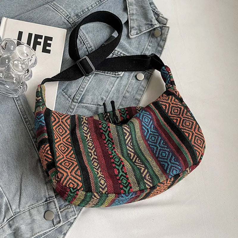 Women's canvas crossbody dumpling bag in ethnic style with three-dimensional pockets