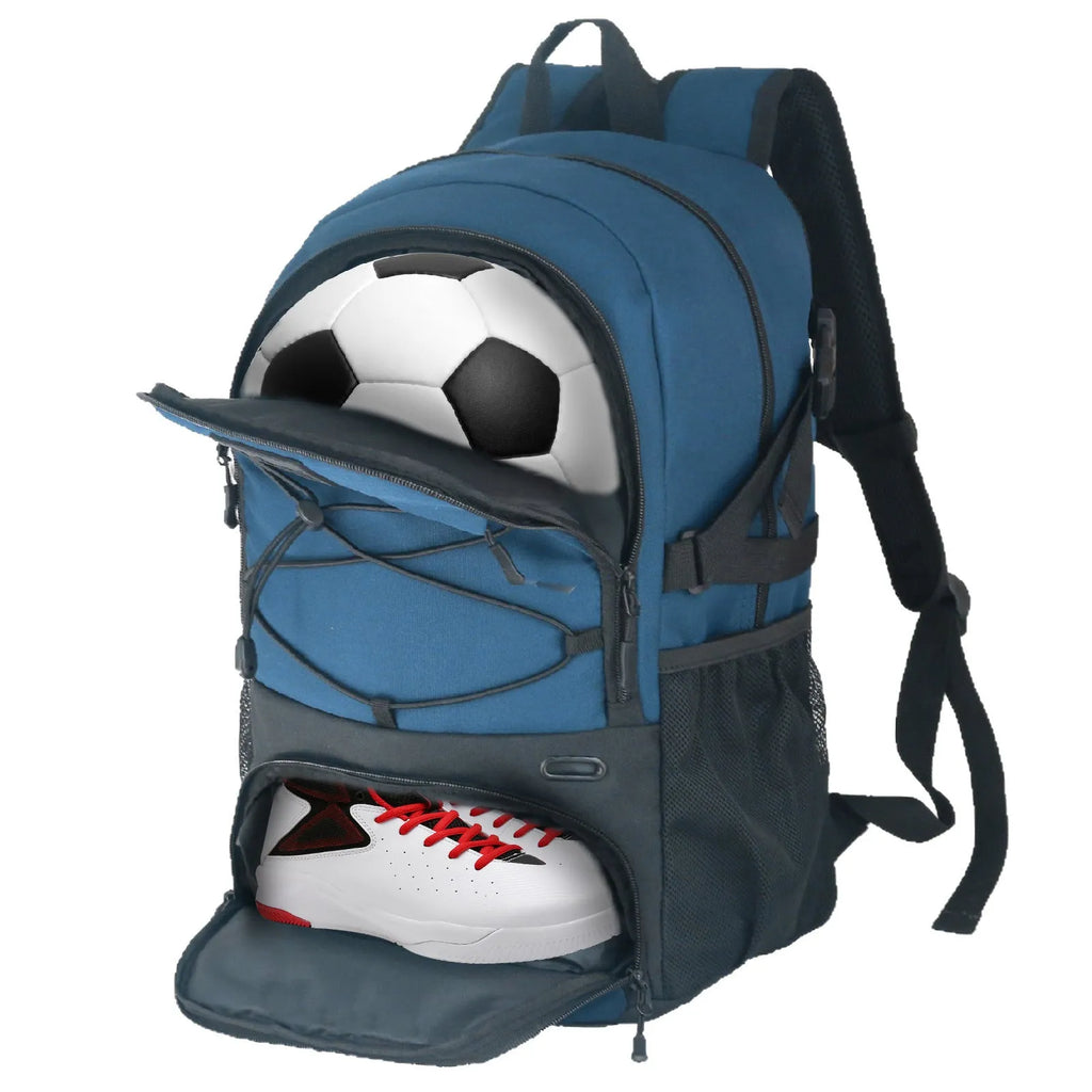 Oxford cloth basketball training backpack in black, showing 25-35L capacity for shoe storage