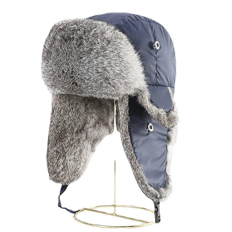 Rabbit fur unisex thickened warm ear protection hat in black cloth with black fur, dome crown style