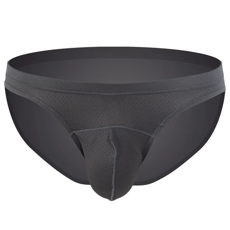 Men's transparent loose fit nylon underwear shown in blue, black, grey, white, and sky blue colours