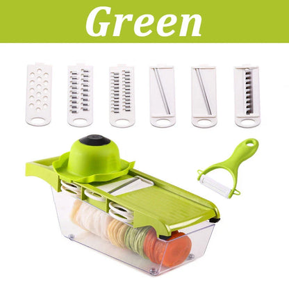 Versatile vegetable slicer with interchangeable blades for slicing, dicing, and shredding a variety of fruits and vegetables