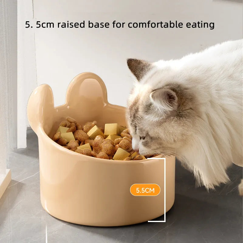 Blush Critter ceramic pet food bowl in white rabbit design, showing raised neck protection ring.
