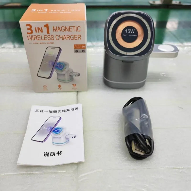 Three-in-one folding magnetic wireless fast charger for mobile earphone watch in Iron Grey