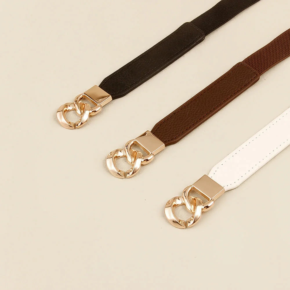 Women's fine leather waistband belt with multi-ring buckle in black, brown, and white
