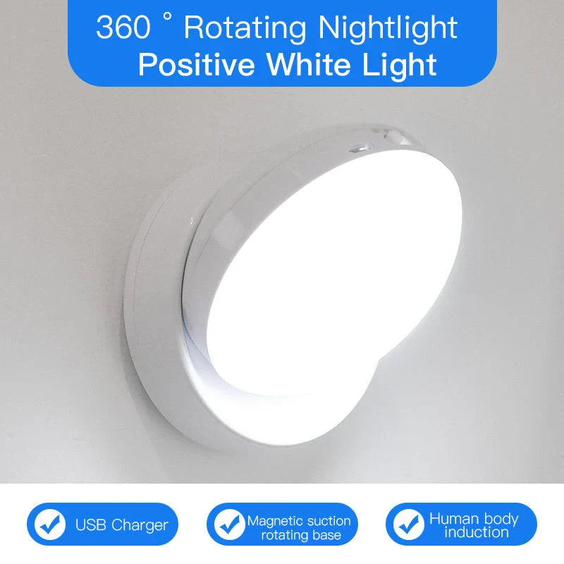 Rotating motion sensor light for corridors, garages, and wardrobes with adjustable direction and energy-saving features