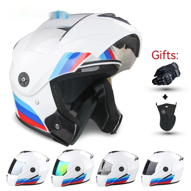 Electric motorcycle helmet with exposed double lens on an ABS plastic shell in a choice of colours.