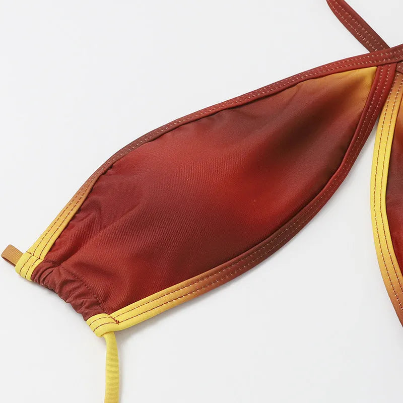 New split pure color slimming bikini swimsuit red gradient backless high elasticity briefs style