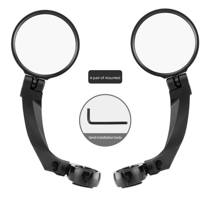 Bike mirror with acrylic lens mounted on bicycle handlebar showing 360° rotation capability