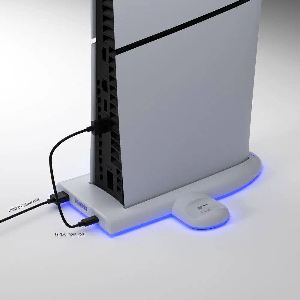 White PS5 Slim charging stand with cooling fan and RGB ambient lights on the base.