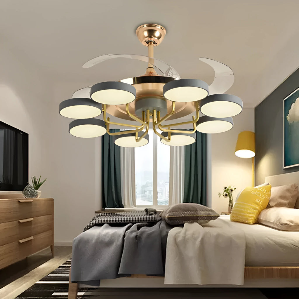 42-inch overhead fan lamp with LED three colour dimmable light, iron art and PC construction, white finish