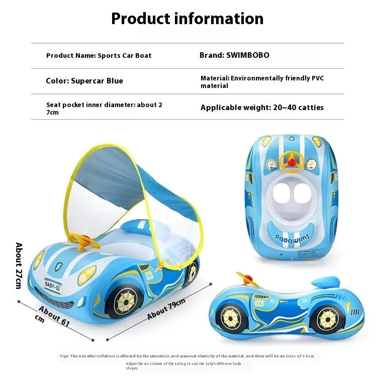 Pink inflatable swimming ring with cartoon sports car design for children's swimming