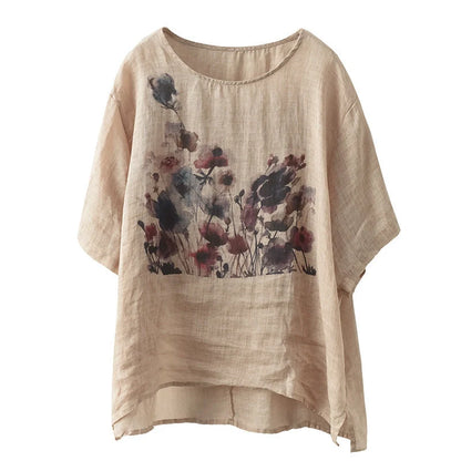 Vintage ink print casual T-shirt in white, champagne, and dark grey with hemp blend fabric