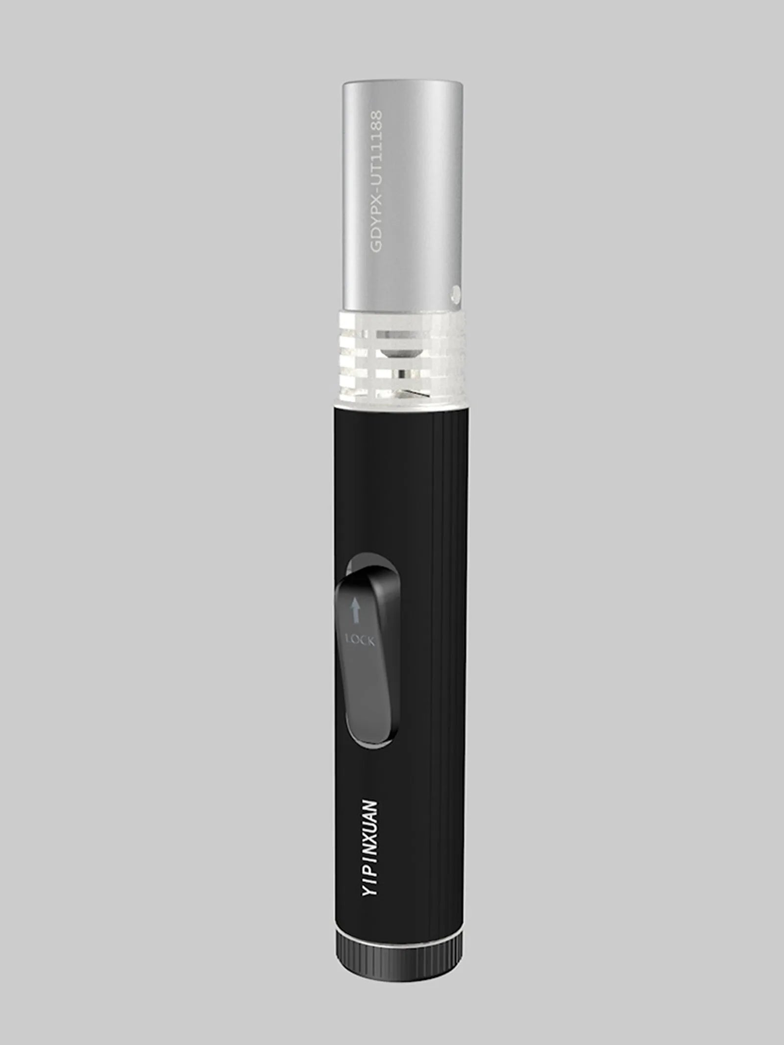 Black portable metal flamethrower torch with frosted finish and child lock, shown with gas bottles for outdoor use.