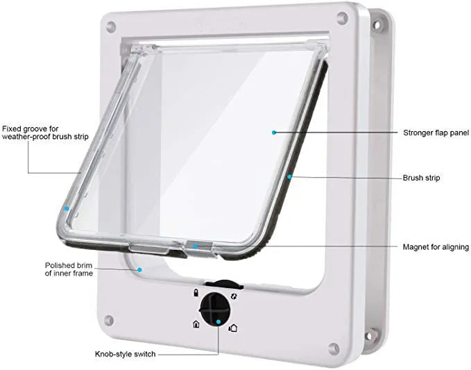Interior cat door with rotary lock and magnetic closure in Black, showing the frame and flap