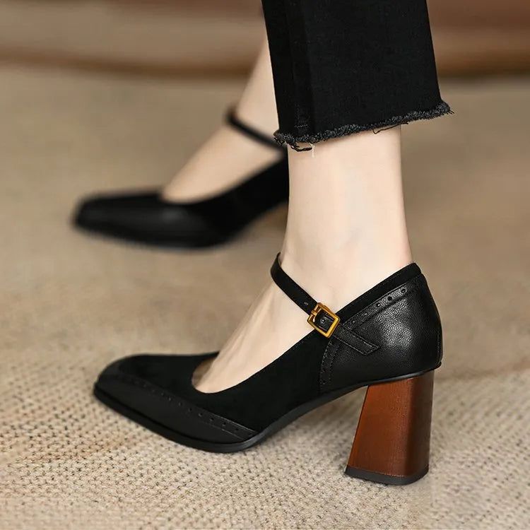 French style square toe chunky heel suede high heel shoes for women in black and brown