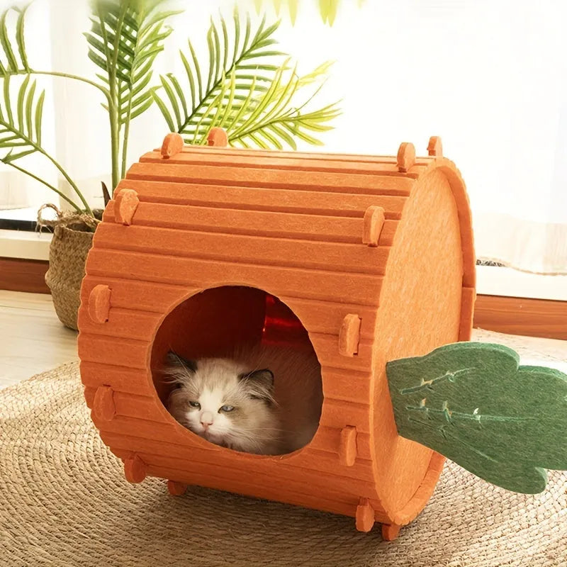 Carrot-shaped felt cat tunnel nest with semi-enclosed design and drilled pattern