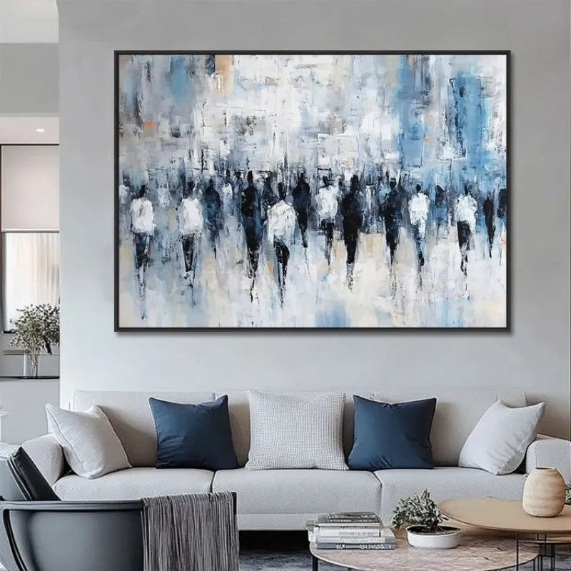 Hand-painted abstract street people oil painting on canvas, horizontal modern design, rolled frameless, multiple sizes available