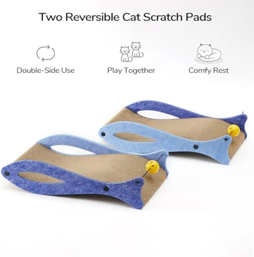 Blue fish-shaped cardboard cat scratcher lounge with a red bell toy for indoor cats.