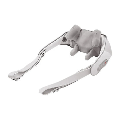 Rechargeable shoulder and neck massager with hot compress function in beige, light orange, and white beating style