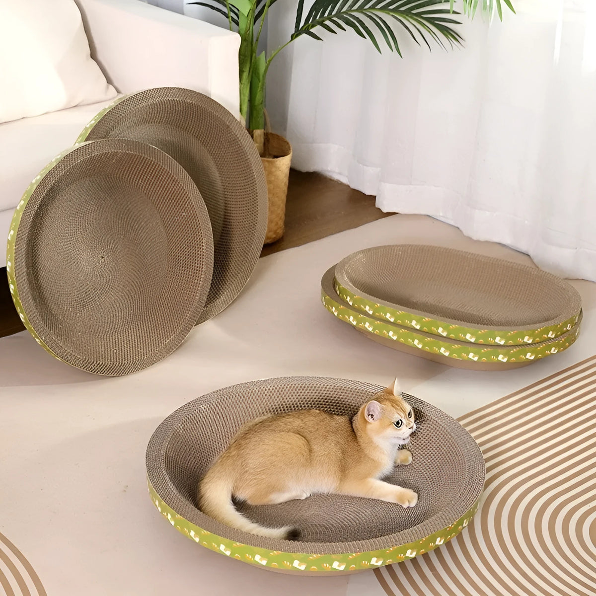 Cat scratch board and nest integrated toy in corrugated paper, round size, simple design