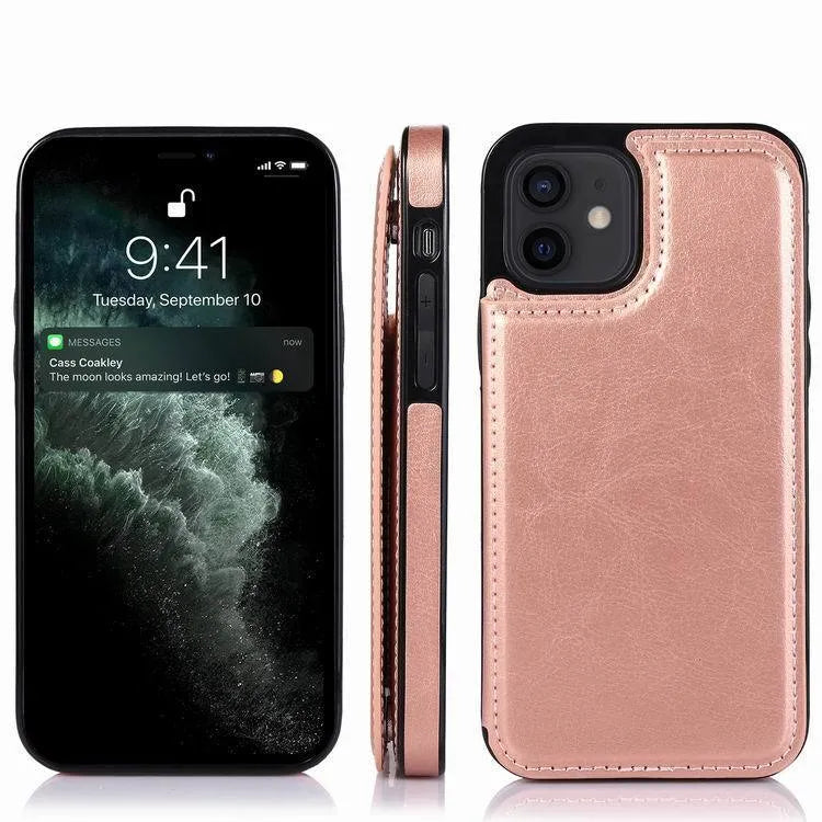 Crazy horse pattern double buckle bracket holster phone case for iPhone 13 Pro Max in brown colour