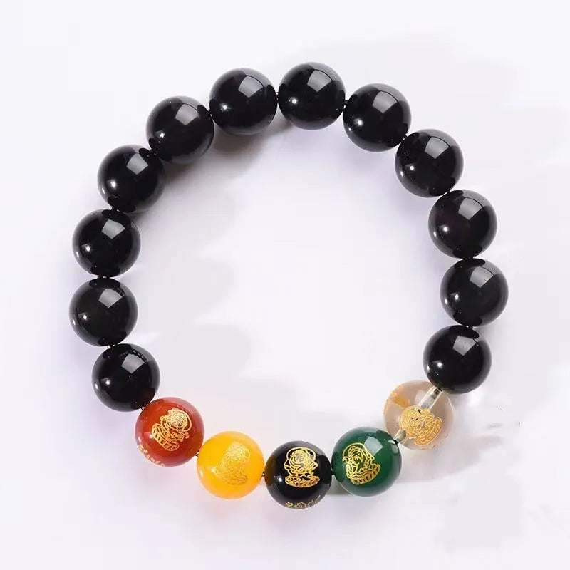 Single Circle Five Gods of Wealth mens bracelet in Rainbow Eye Obsidian crystal with 10mm beads.