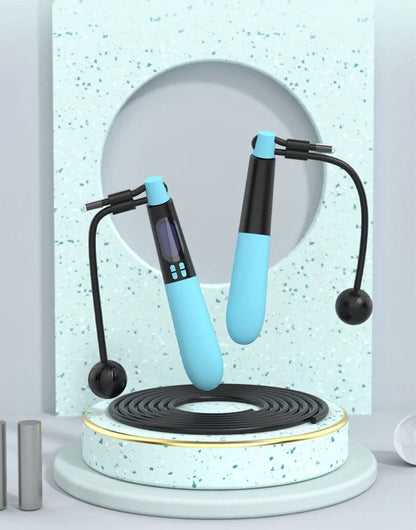 Blue cordless electronic skipping rope with Bluetooth handles and 3m wire