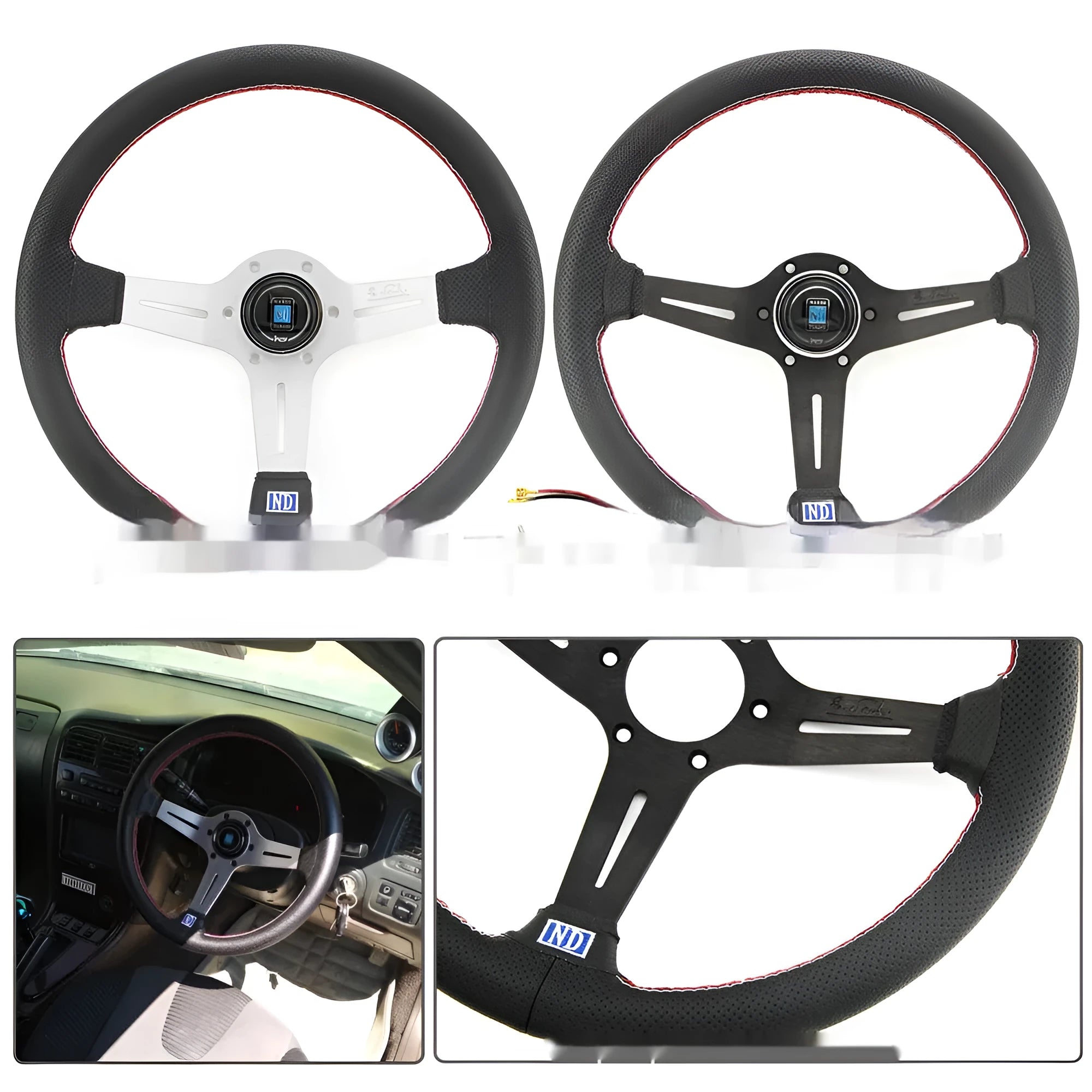 14-inch leather steering wheel with a concave centre and perforated grip, showing black skeleton option.