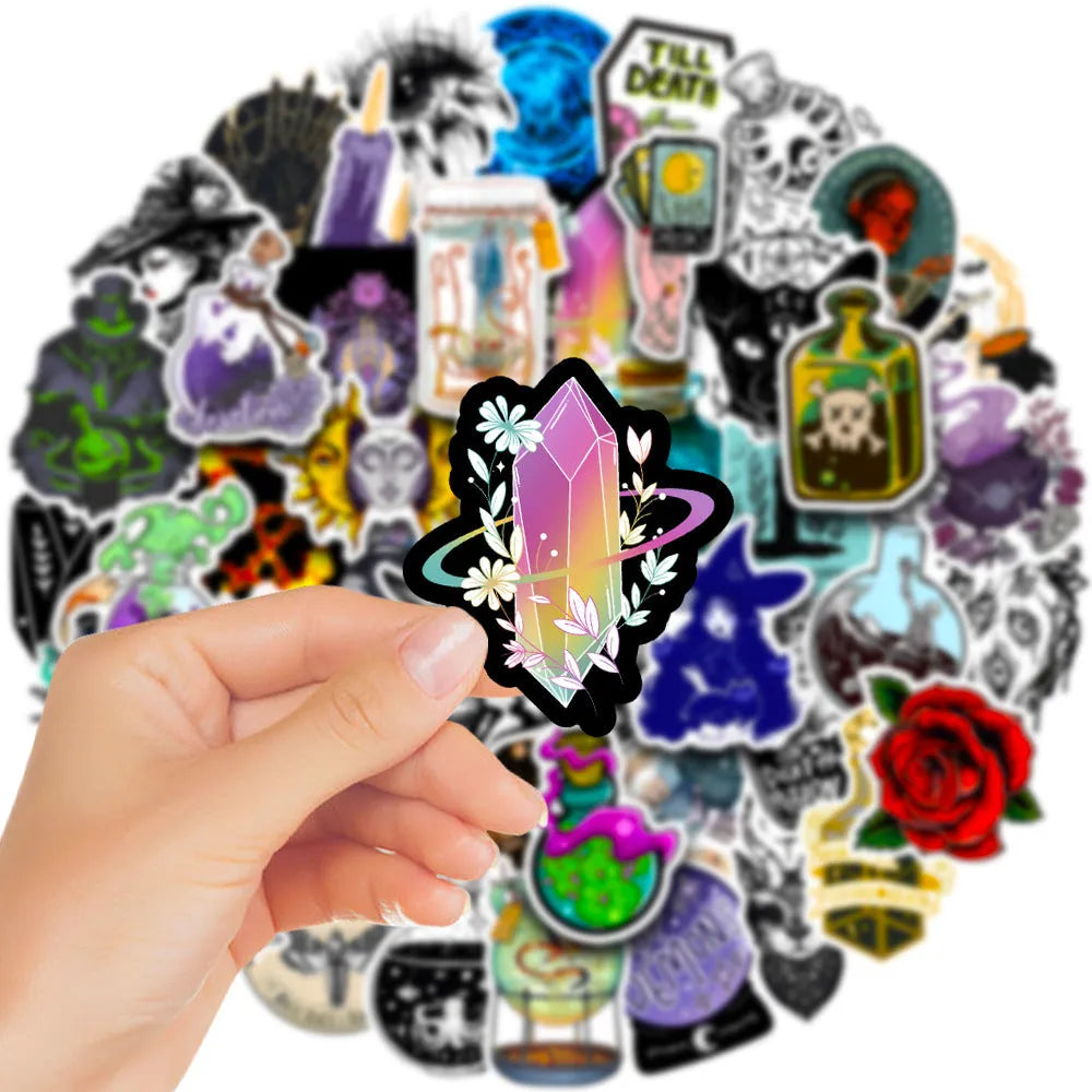 Pack of 50 colourful waterproof PVC stickers for laptops and skateboards on a smooth surface.