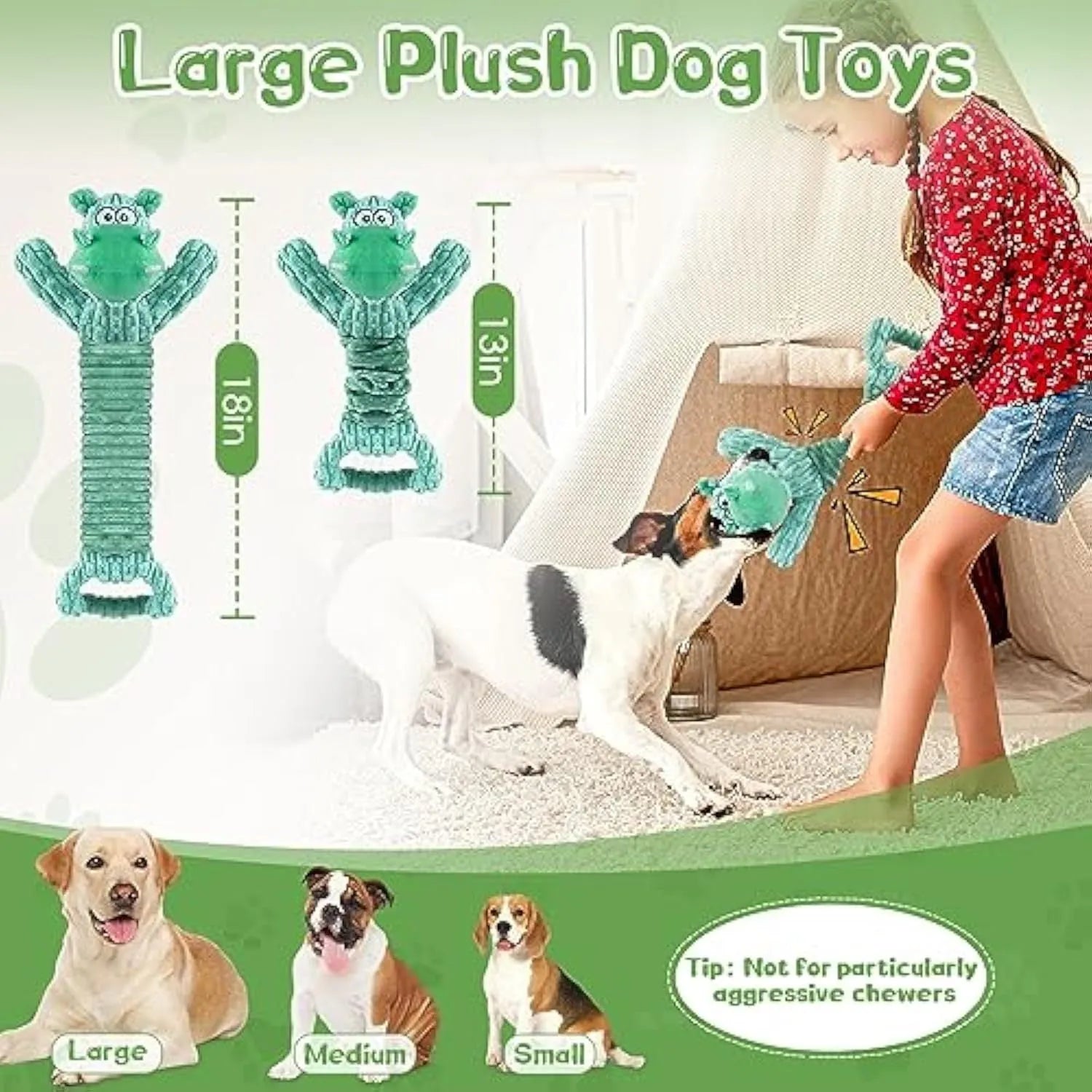 Large soft plush dog toy with bright colours and a handle, showing its size for scale.