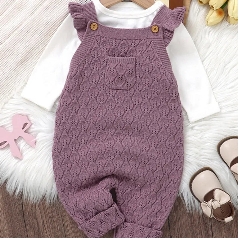 Infant solid colour flounced sleeve sling romper jumpsuit in knitted polyester double breasted design