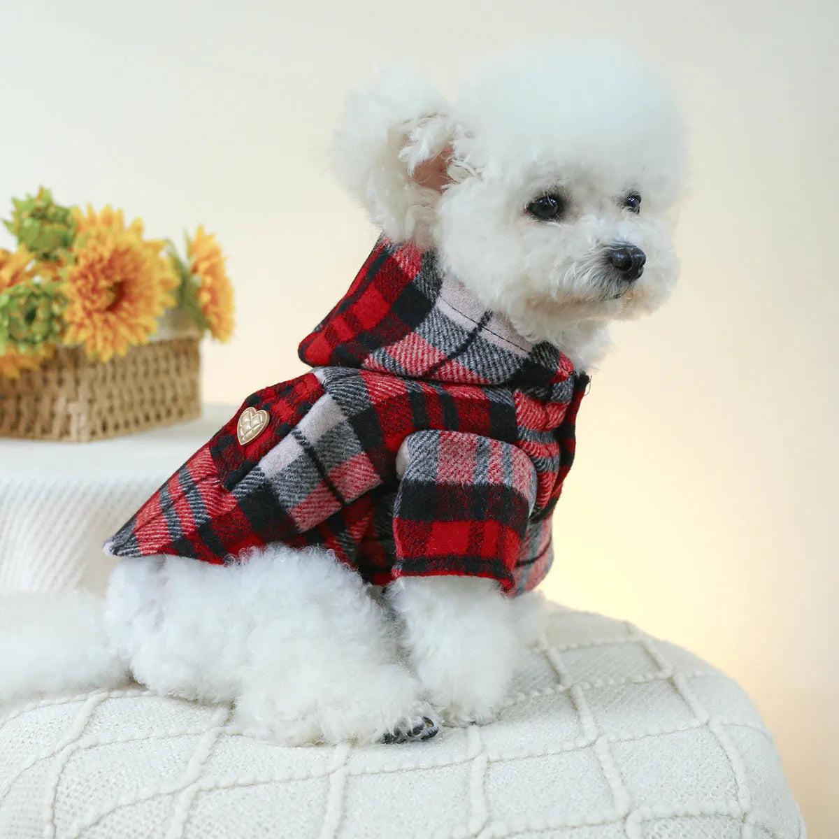 Red plaid polyester trench coat for a dog, shown in size M with 40 cm chest.