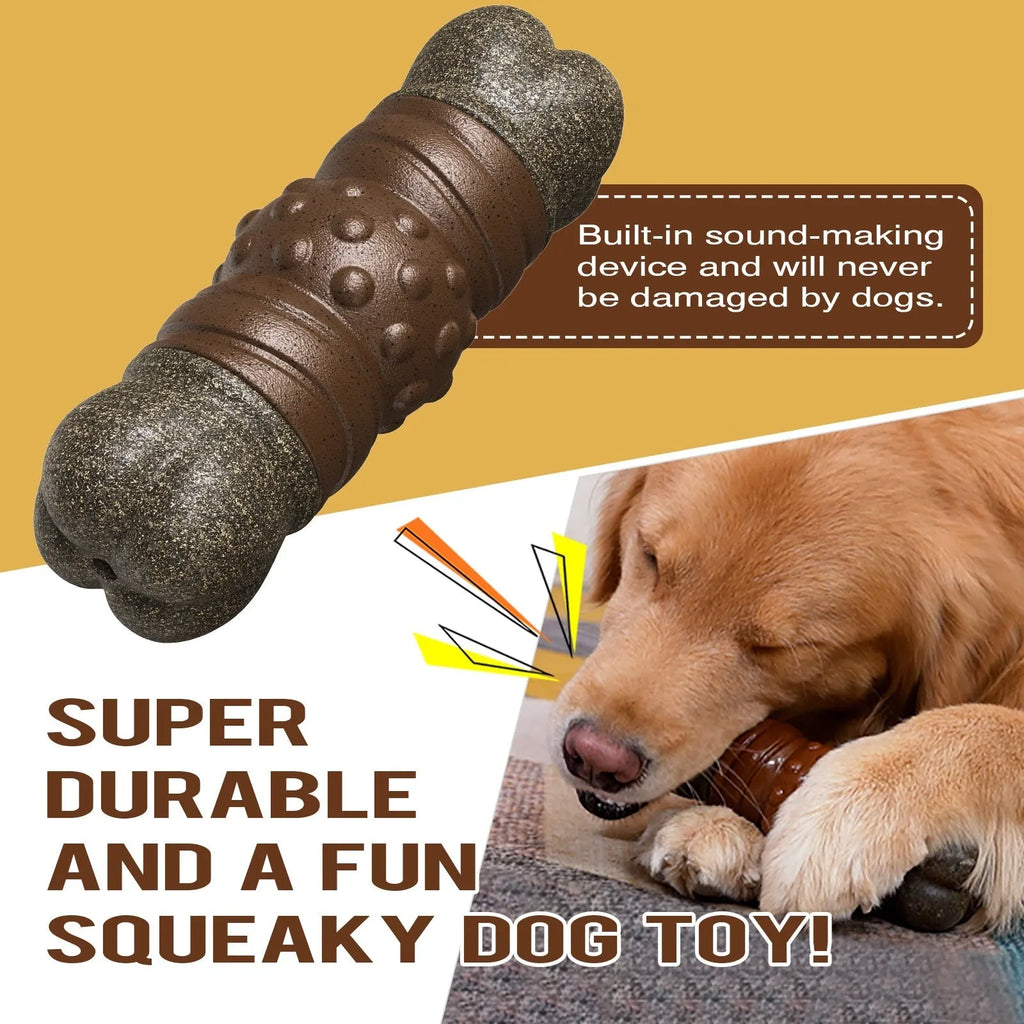 Wood colour plastic bone-shaped dog chew toy with a textured central molar rod for dental care.