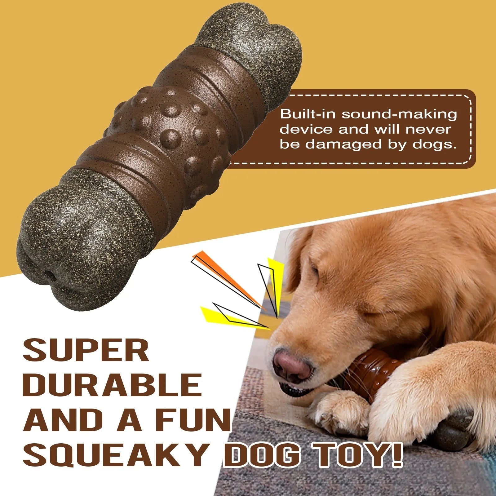 Wood colour plastic bone-shaped dog chew toy with a textured central molar rod for dental care.