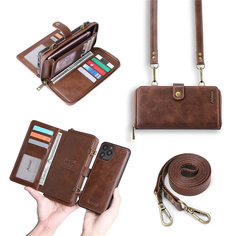 Black detachable wallet phone case showing strong adsorption leather flip cover open next to a smartphone.