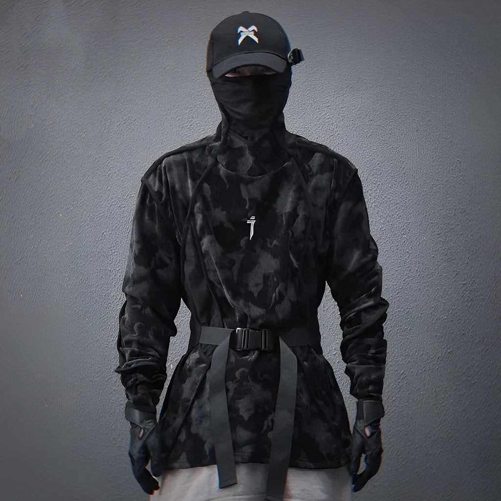 Men's loose fit turtleneck sweater with full printed tie dye pattern in black colour