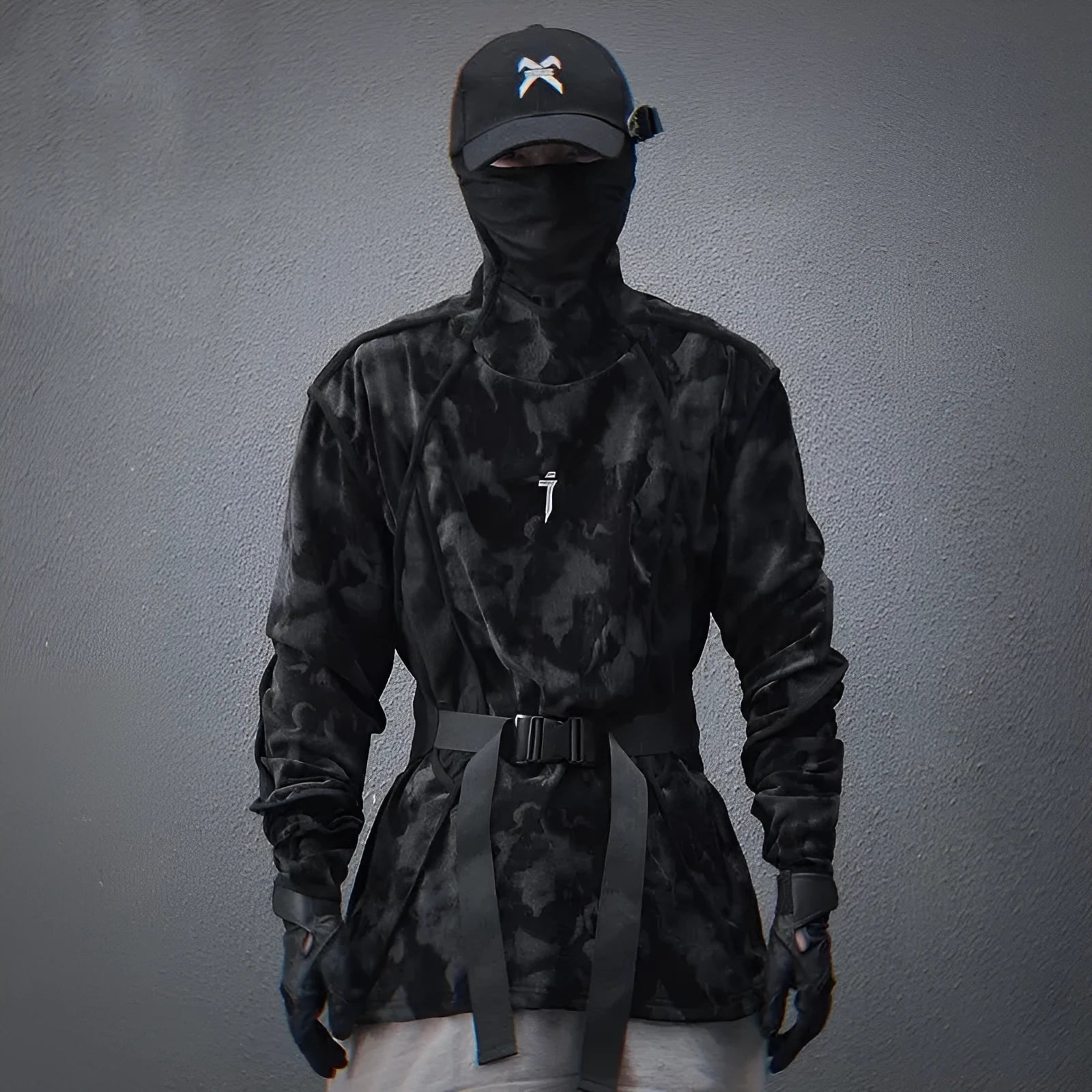 Men's loose fit turtleneck sweater with full printed tie dye pattern in black colour