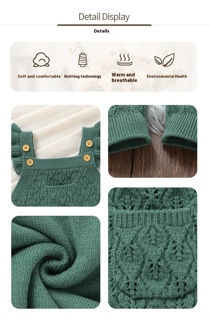 Infant solid colour flounced sleeve sling romper jumpsuit in knitted polyester double breasted design