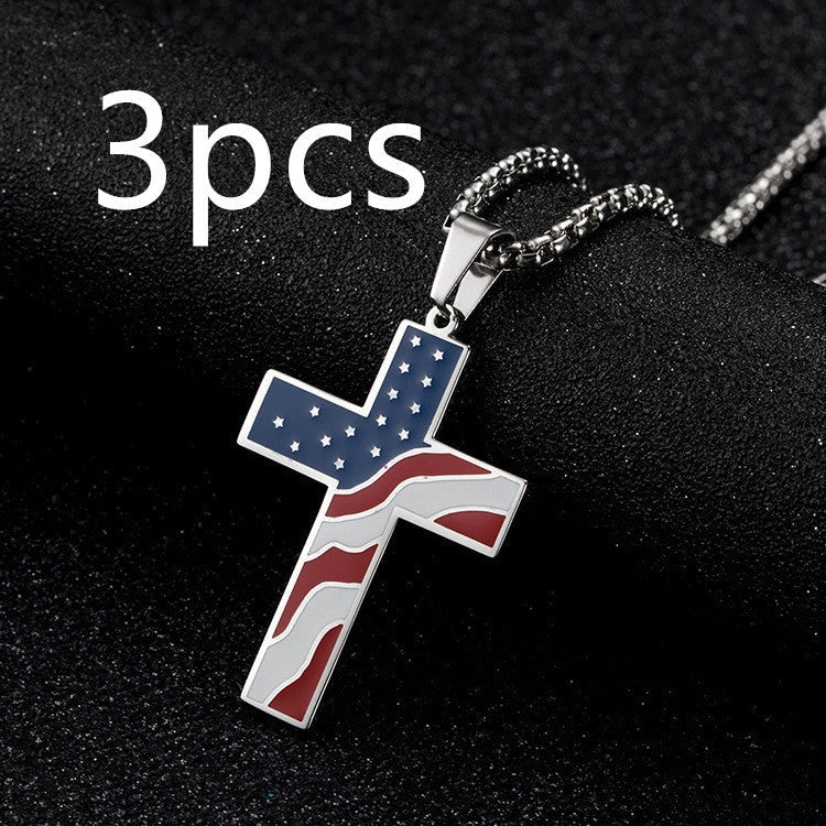 Men's stainless steel flag cross necklace in Black, Gold, and Silver options