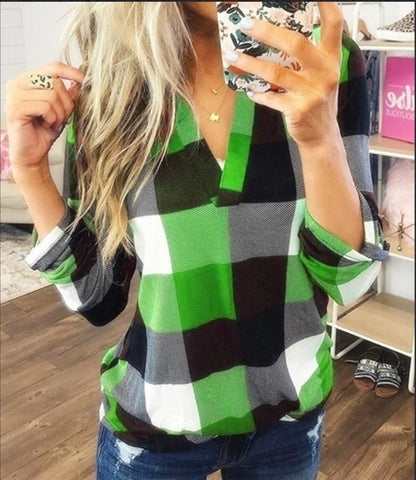Women's plaid flannel shirt in lake blue, green, and purple options