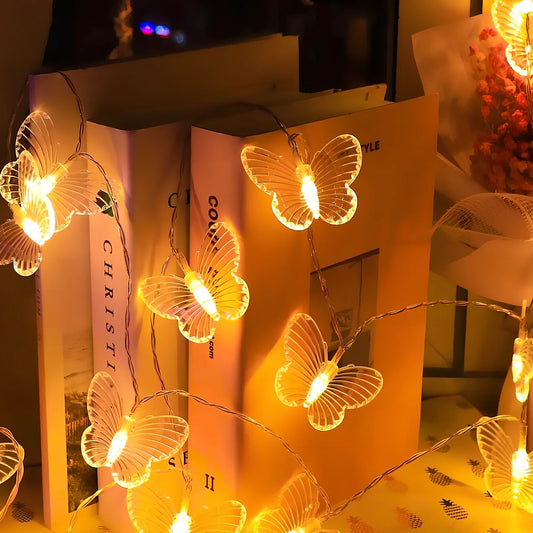 3-metre butterfly light string with 20 LEDs spaced 15cm, featuring 4.5x6cm accents, battery operated for Christmas decor
