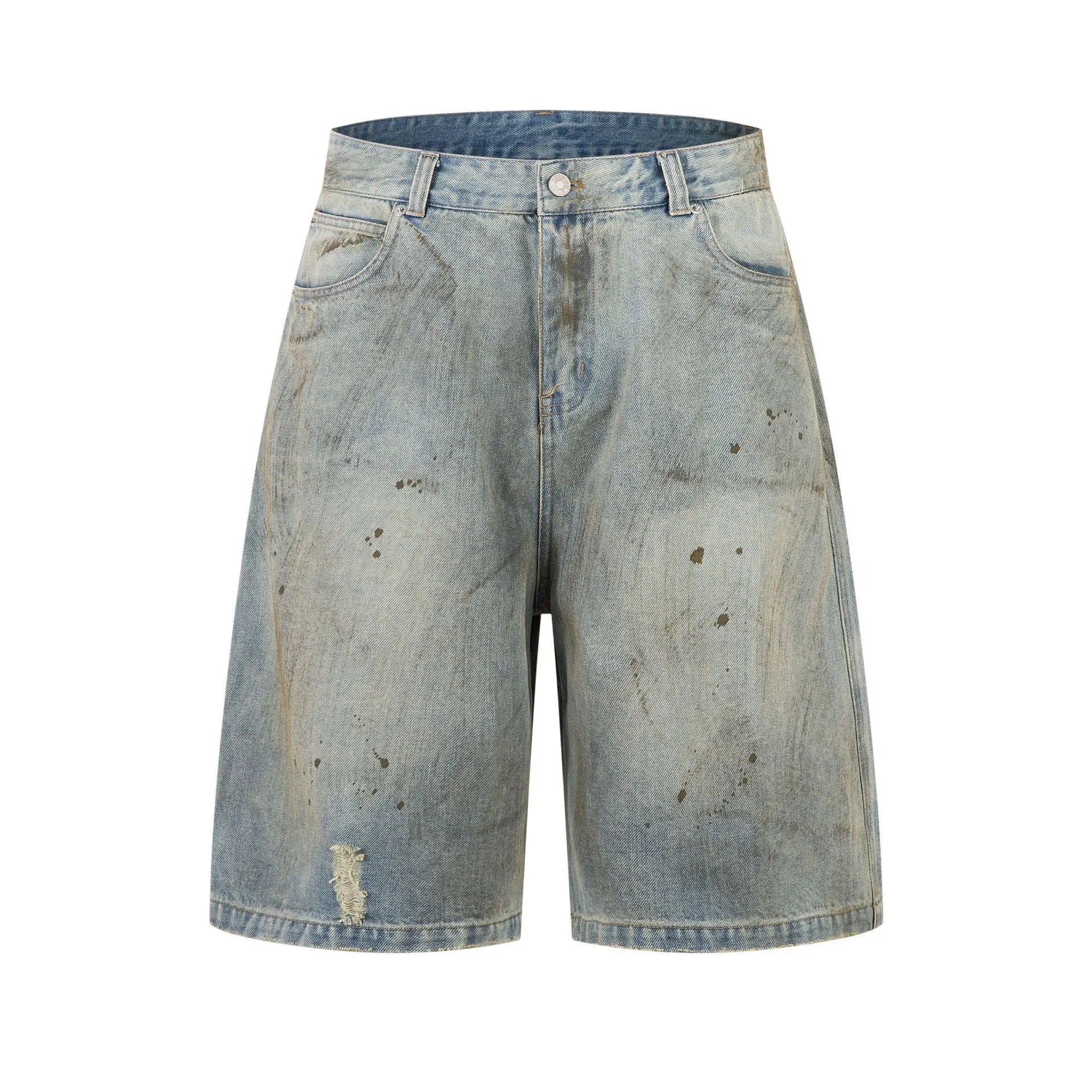 Men's washed blue cropped denim pants with straight leg and zipper fly