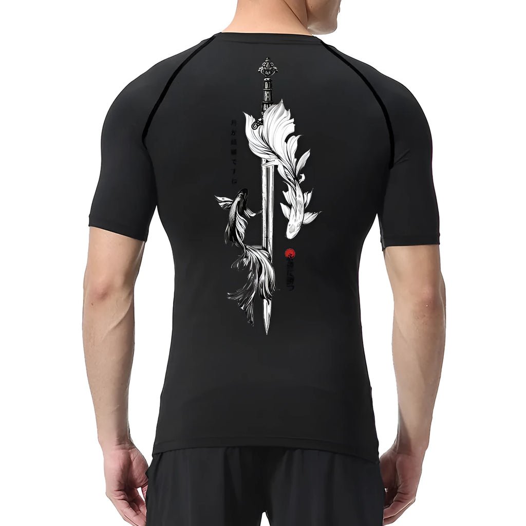 Men's short sleeve loose fit compression shirt with a sword print design on the front.
