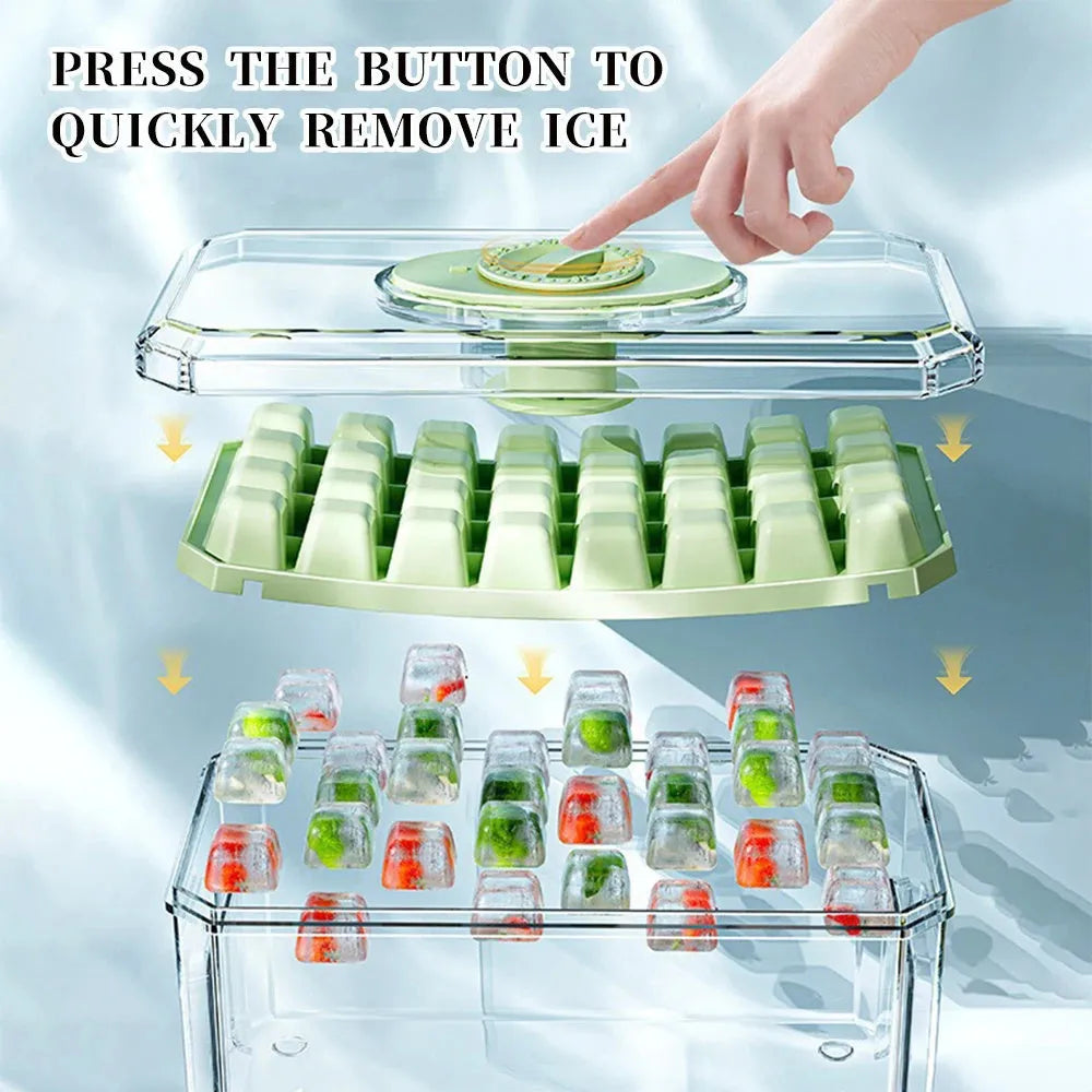 PP plastic ice cube tray with pressing lid, white single layer 32 grid, stackable quick demould design