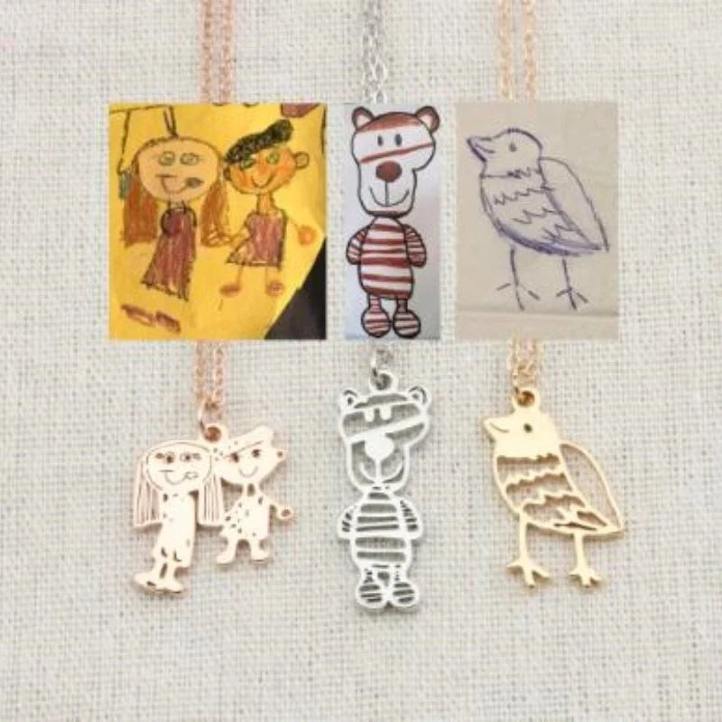 Custom stainless steel children's artwork necklace with gold, silver, and rose gold options